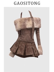 Gaositong Retro Vintage Distressed Plaid Half Skirt Set Womens Autumn Winter Hot Girl Pleated Mini S