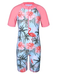 BAOHULU Kids Swimsuit UPF 50+ UV Swimwear Sun Protective One Piece Flower Beachwear Bodysuit with Ziper Surfing Suit Rashguard Swimsuits