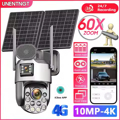 4G Solar Outdoor Surveillance Cameras for 4G Sim Card 60X Optical Zoom 7/24 Recording Human Auto Tra