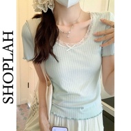 Oome Chic Bow Lace Stitching Green Half-Sleeved T-Shirt Women Summer Korean Version Slim-fit Half-Sleeved Top