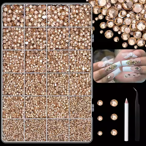 1860 pieces of resin rhinestones, with tweezers and crayon champagne 3-6mm mixed size, used for hand
