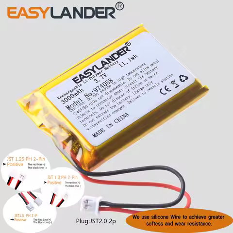 Silicone Wires 974058 3.7V 3000mAh Rechargeable Li-Polymer Li-ion Battery Lipo Batteries JST2.0 2P/J