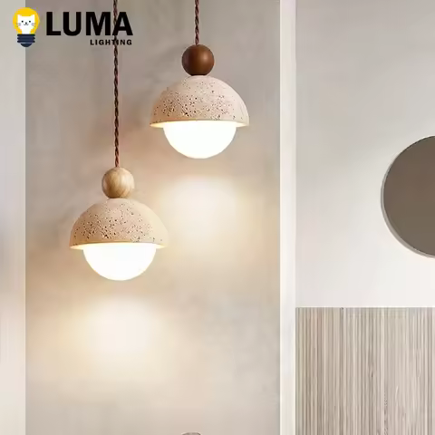 Luma Japanese Style Yellow Travertine Pendant Light, Wabi-Sabi Stone Chandeliers for Kitchen Island 