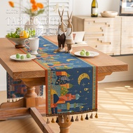 Blue Castle Dining Table Runner Jacquard Cartoon Moon Castle Tassel Decoration Cabinet Runner Househ