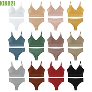 KIKO2E 2 Piece Bra and Thong Panty Set, Wireless Push Up Ribbed Knit Bra and Panty, Bralette Breathable Seamless Solid Color Athletic Lingerie Set Women