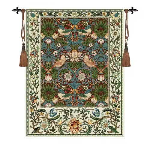 William Morris Strawberry Rich Lucky Bird Tapestry Textile Decorative Wall Hanging Tapestry for Home