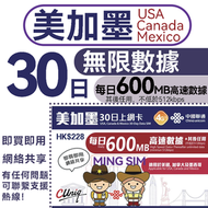 中國聯通 - 【美加墨】30日 每日600MB高速丨美國 加拿大 墨西哥丨電話卡 上網咭 sim咭 丨無限數據 即買即用 網絡共享 【新舊包裝隨機發貨】