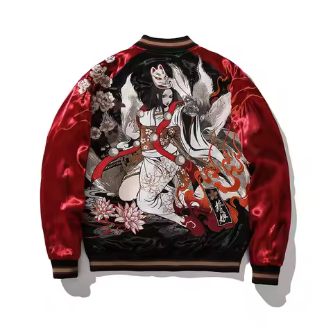 High Street Men Boys Streetwear Nine Tailed Fox Embroidered Loose Sukajan Souvenir Jacket Coats Fash