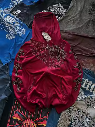 Affliction Red Masonry Design Hoodie Y2K New Retro Pattern Oversize Zipper Hoodie Women Hip Hop Pers