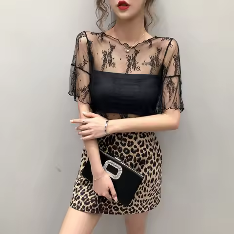 See Through O Neck Flare Short Sleeve T Shirt Women Black White Coffee Brown S-XL Transparent Stretc