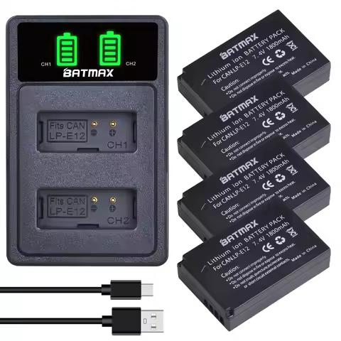 Batmax LP-E12 Bateria LPE12 Battery+New LED USB Dual Charger with Type C Port for Canon EOS M50, EOS