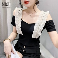 MIOU Women's Off Shoulder T-shirt 2023 Summer New Fashion Lace Embedding Diamond T-shirt Short Sleeve Slim Fit Sexy Korean Top Cotton