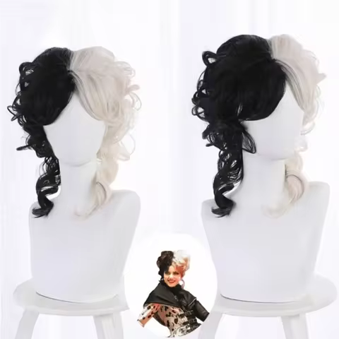 Cruella Cosplay Wig Evil Madame Cruella De Vil Emma Stone Costume Black White Hair Movie Halloween A