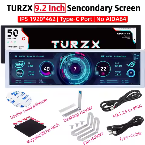 TURZX 9.2 Inch Type-C Chassis Secondary Screen 1920*462 IPS Display CPU GPU RAM HDD Weather Monitor