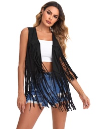 Women's Tassel Sleeveless Vest 70s Hippie Faux Suede Fringe Jacket Cardigan