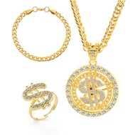 Rhinestone Dollar Sign Necklace Bracelet Ring Set Dollar Sign Necklace Gold Chain Bracelets Big Mone