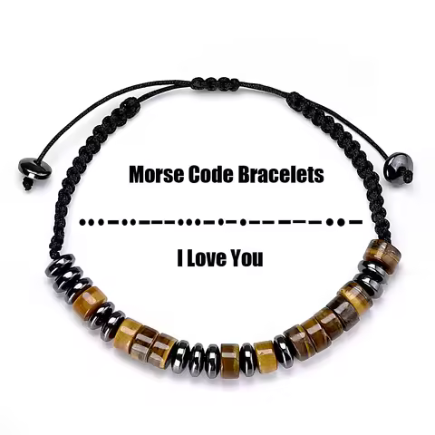 Natural Tiger Eye Stone Personalized Custom Morse Code Bracelet For Men Women Couples Friendship Bir