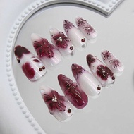 24Pcs Al Fake Red Flower Designs Full Cover Press On Shiny Dia Decor Detachable Stick-on False Nails