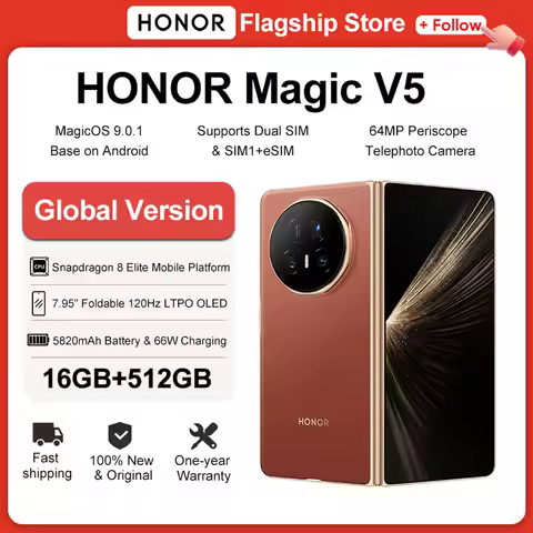 Global Version HONOR Magic V5 16GB+512GB Foldable Smartphone Snapdragon 8 Elite 7.95" OLED Display 5