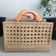 Tas Goni Kotak Mika bambu / Tas Jute Etnik Handle kayu
