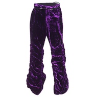 全新 △ GUCCI 761072 金屬扣皮革腰帶，褶皺褲腳絲絨長褲，紫色，36碼，義大利製造，正品女裝