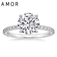 AMOR 925 Sterling Silver 1.25 CT Round Solitaire Cubic Zirconia Engagement Ring Halo Promise Ring Si