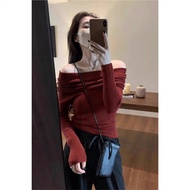 jacket woman autumn jacket woman winter jacket woman Wine Red One-Shoulder Knitted Blouse