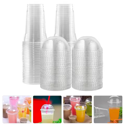 50pcs Glasses With Lid 460/600ml Disposable Transparent Plastic Juice Yogurt Cups Milk Tea Juice Col