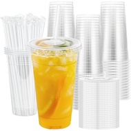 Lamosi 100 Pack 24 oz Clear Plastic Cups with Lids and Straws, Disposable Plastic Coffee Cups with L
