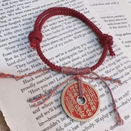 Gelang Tali Anyam Merah Koin Mantra Hoki /Gelang tangan anyaman Koin gunung model Tiongkok  tali tan