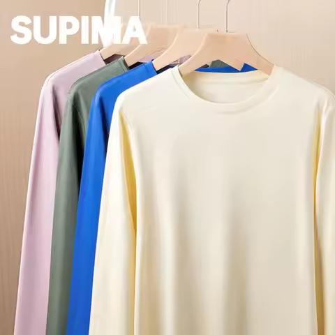 100% Mercerized Cotton T Shirt Men Long Sleeve Su-pima Round Neck T-shirt Solid Color White Balck Un