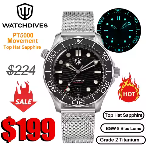 Watchdives WD007 Top Hat Sapphire PT5000 Dive Watch Luminous 200m Waterproof Automatic Movement Grad