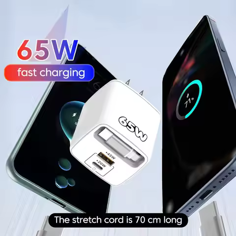 PD65W Telescopic Cable Fast Charging Mobile Phone Charger PD+USB Multi Port Travel Charging Head for