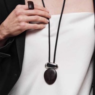 Natural Ebony Silver Metal Stitching Leather Necklace Light Luxury Niche Design High-End Wood Grain 