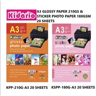 Kidario A3 Glossy Photo Paper 210gsm & Sticker Photo Paper 180gsm 20 Sheets