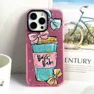 Pink Bowknot Coffee Cup Glitter Case Compatible For IPhone 11 12 13 14 15 16 Pro Max Cover X XR XS M