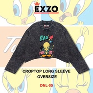 Exzo kaos CROP TOP LONG SLEEVE TWEETY N FRIEND Oversize stonewash acidwash washed tshirt kaos TWEETY