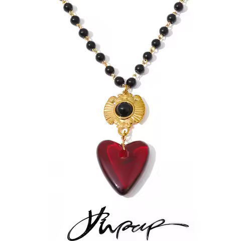 Yhpup Fashion Handmade Jewelry Stainless Steel Glass Beads Chain Resin Heart Pendant Necklace Waterp