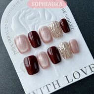 SOPHIAURA Handmade Nails Cherry Red Cat Eye Design Super Short Square Wine Red Gold Chrome Powder Pl