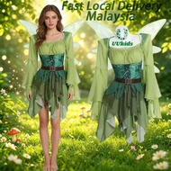 【Local Fast Ship MY】 Adult Women Fairy Elf Cosplay Costume Green Dress Set With Fairy Wings & Floral