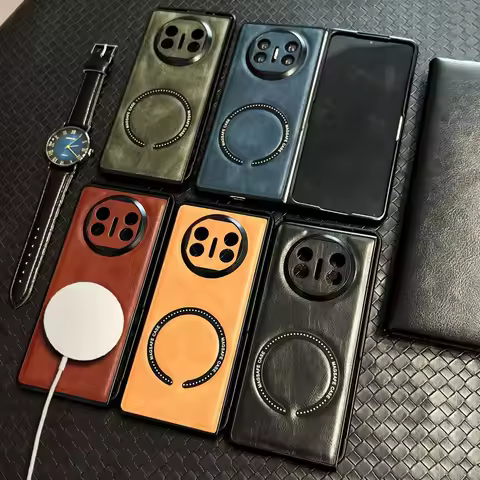 Retro Plain Vegan Leather Pattern With Magnetic Ring Phone Case For Huawei Mate X6 Mate X5 mate x3 H