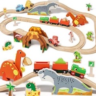 Lehoo Castle Wooden Train Set, Dinosaur Wooden Train Track Set, Wood Toy Train Set for Toddlers