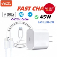 PD 45W Fast Charger with Type-C to L/C Charging Cable for iPhone 5-14/15/16/17 Pro Max  Pengecas Pan