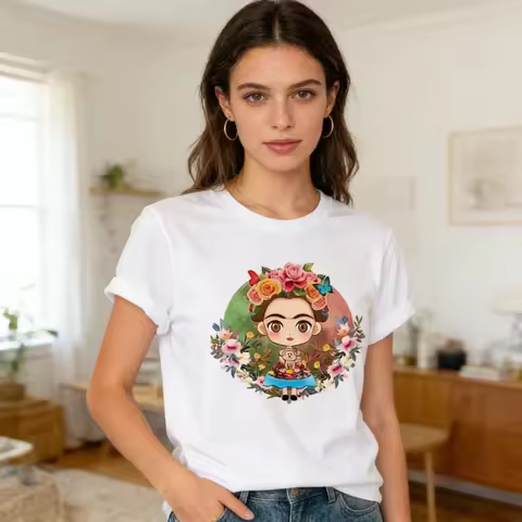 Frida Kahlo Cartoon T-Shirt Floral Art Tee Woman Gift Shirt The Soul of Mexican Art Frida Shirt Salu