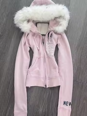 Pink plush fur-trimmed hooded cinched-waist women's Y2K sweatshirt jacket.