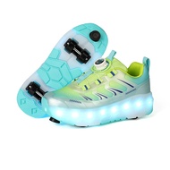 Boys' Four-Wheel Flashing Light Rechargeable Multi-Function Shoes with Pulley, Girls' Roller Shoes, 