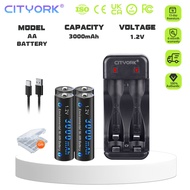 CITYORK 4PCS  3000mAh 1.2V Ni-MH AA Battery Rechargeable 2A Batteries Battery Rechargeable