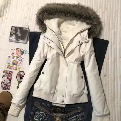 New autumn and winter retro pure white fur collar hooded jacket for women Y2k Harajuku slim personal