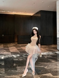 Pure Desire Fishbone Crop Top Vest Womens Summer Rich Bé Gái Set Mesh Half Skirt Train Skirt Two Pie