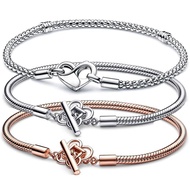Original Heart Studded Peace Knot T-bar Snake Chain Bracelet Fit Europe Bangle 925 Sterling Silver Bead Charm Diy Jewelry